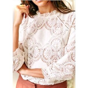 Sezane Organic Cotton Lace Bianca Blouse W/ Guipure Lace Accents & 7/8" Sleeves